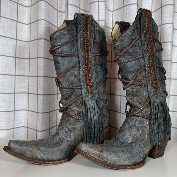 Corral Women’s Brittney A3147 Blue/Brown Braiding & Fringe Snip Toe Cowboy Boots - Picture 1 of 5